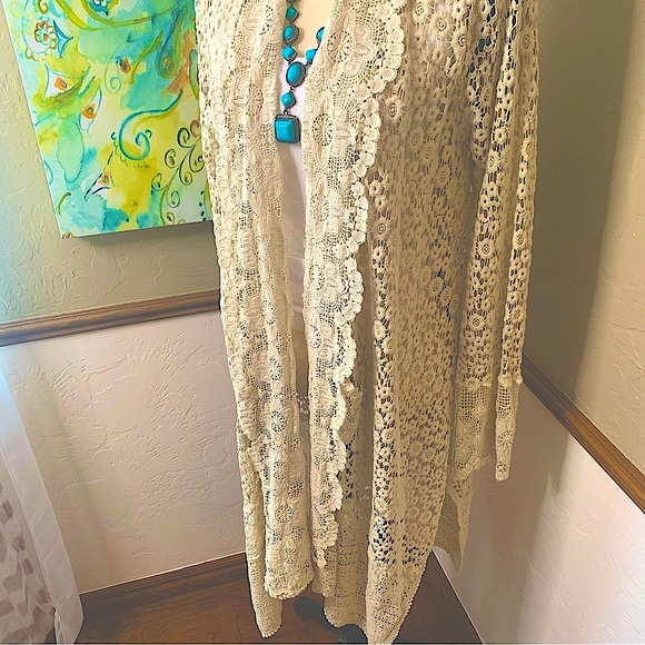 Johnny Was Midi All Over Lace Crochet Kimono Duster Cardigan w/Pockets EUC Sz M - Picture 7 of 12